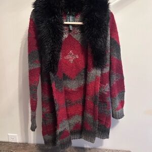 Ralph Lauren Red and Gray Cardigan with Faux Fur Collar